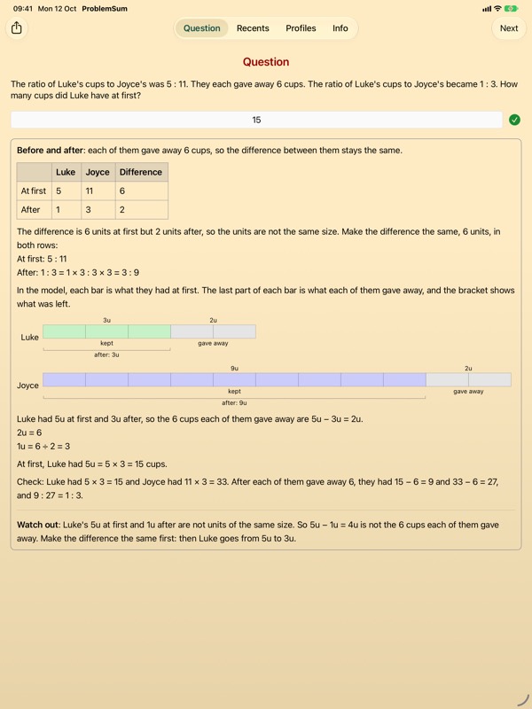 ProblemSum on iPad: a ratio problem worked by before and after, with a table, a bar model, a check and a Watch out.