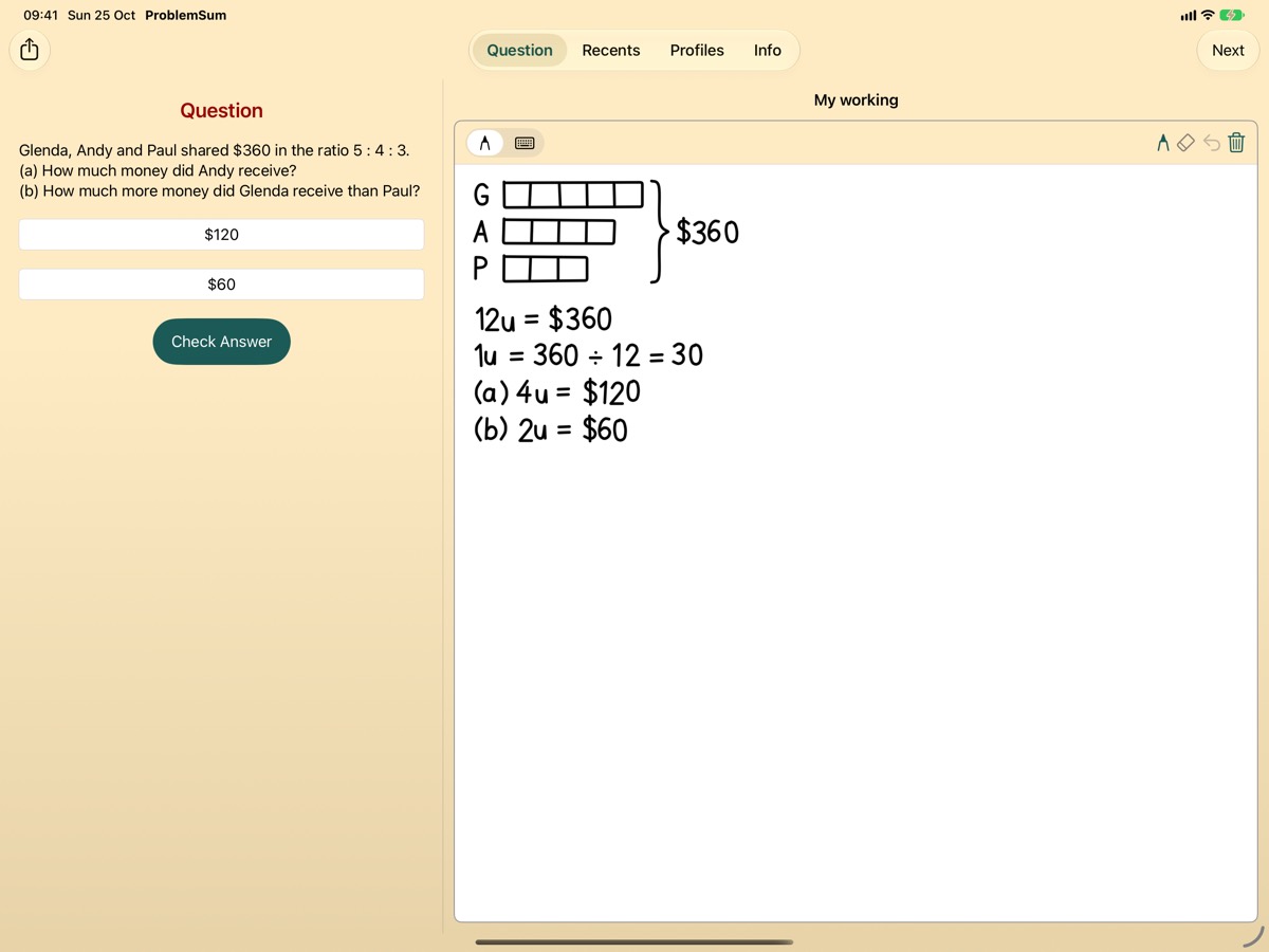ProblemSum on iPad, held sideways: a ratio problem with its answers typed, and beside it the scratch pad, with a bar model and the working drawn by hand.