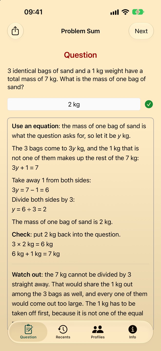 An algebra problem about bags of sand. The solution opens with Use an equation: 3y + 1 = 7, formed from the words and solved line by line, then a check and a Watch out.