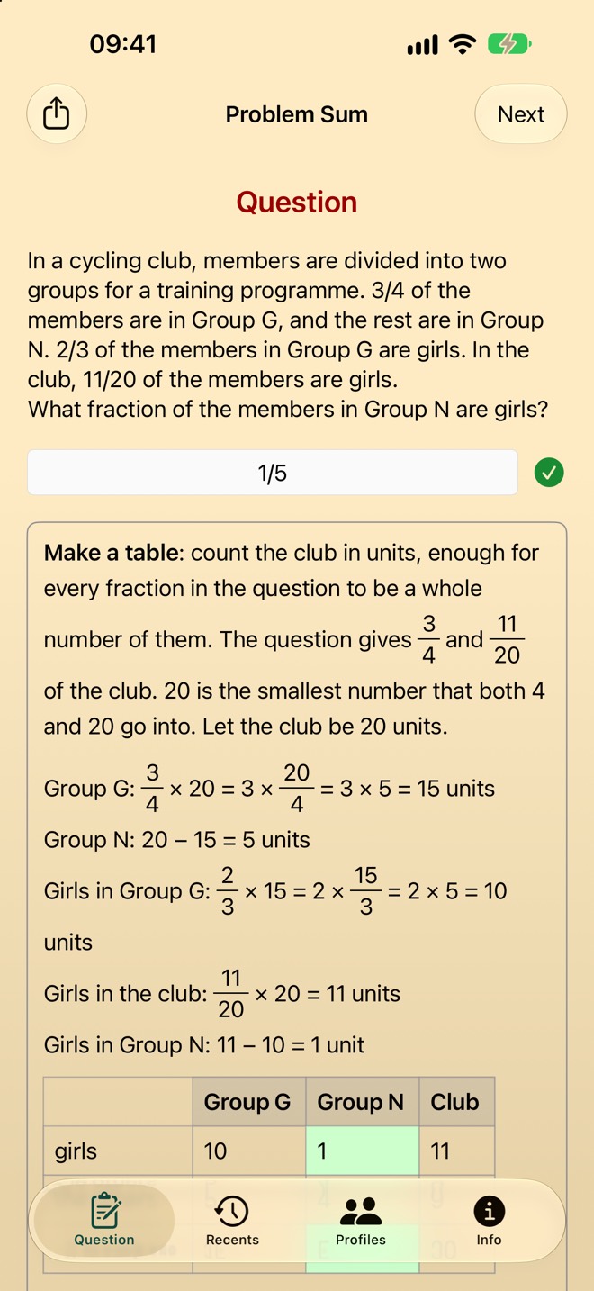 A fractions problem about a cycling club. The solution opens with Make a table: the club is counted in units, with the working set out in stacked fractions.