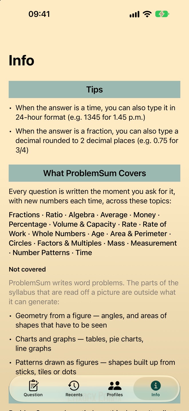 The Info tab: tips for typing answers, the topics covered, and the topics that are not.