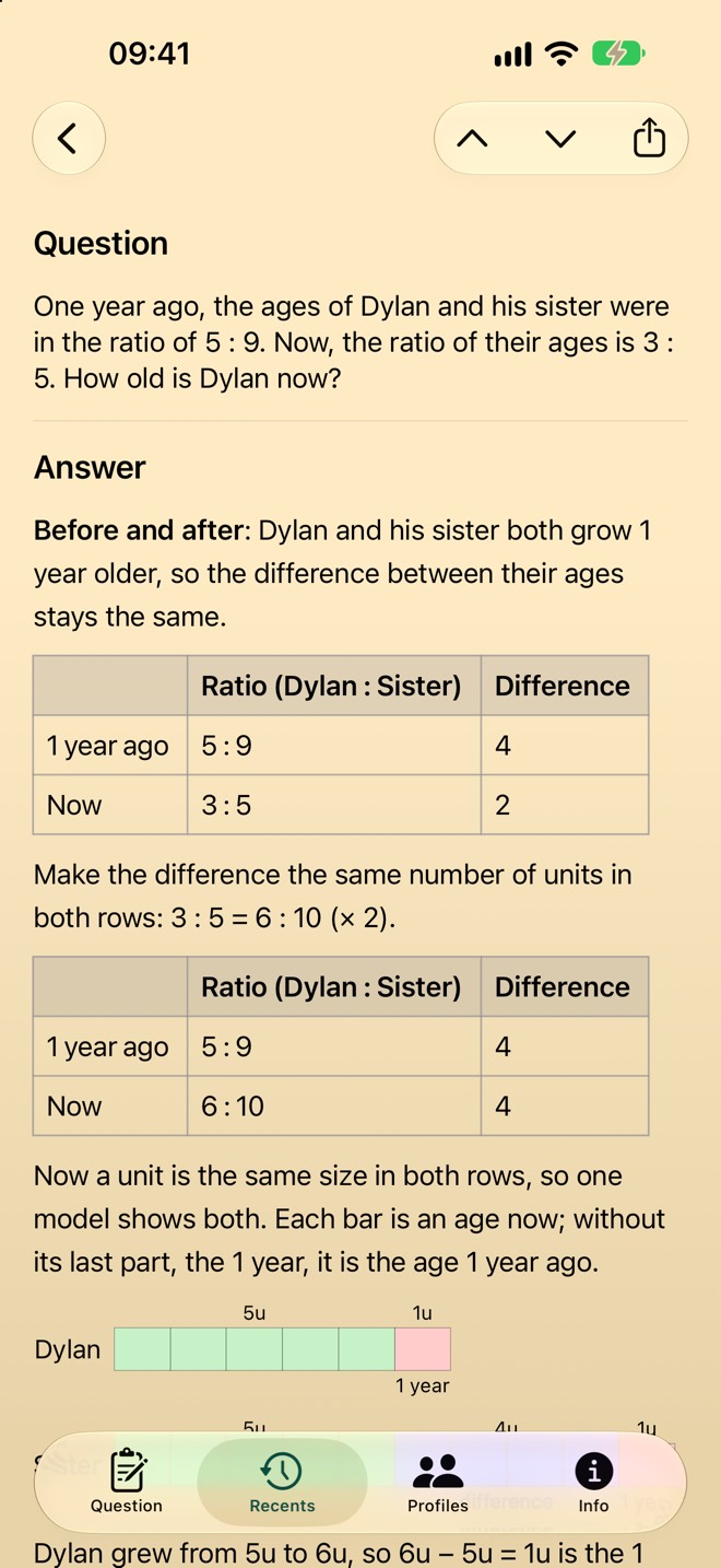 A recent question reopened: an age problem worked by before and after, with up and down buttons at the top to move to the next or previous question.