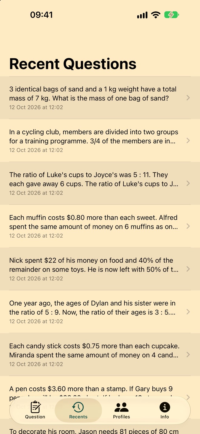 The Recents tab, listing recent questions with the date and time each was asked.