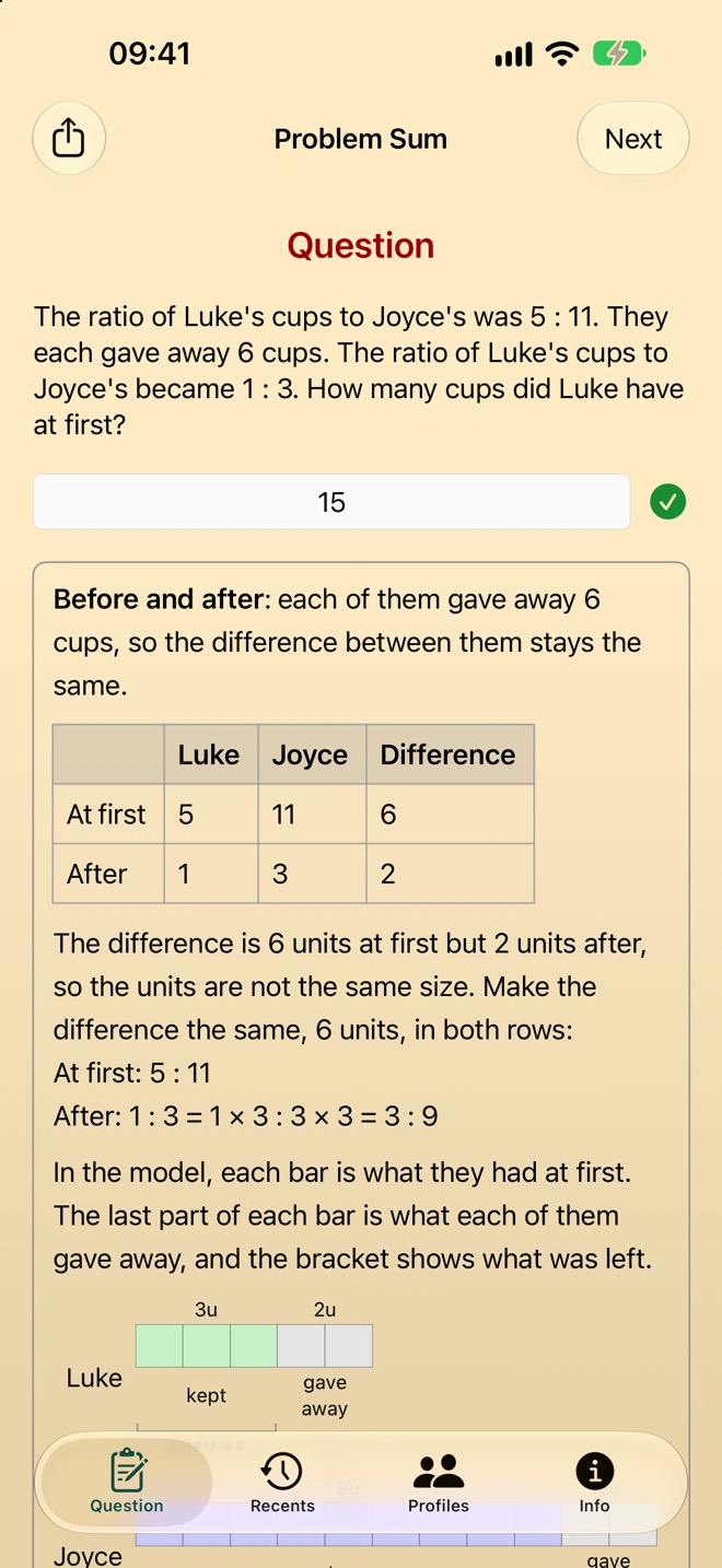 A ratio problem about cups. The solution opens with Before and after: a table of the ratios at first and after, then a bar model showing what each person kept and what they gave away.