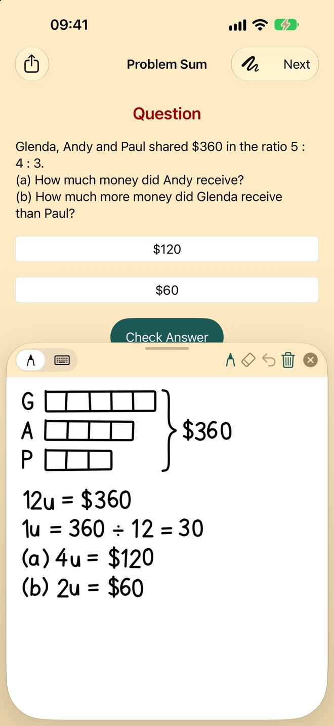 A ratio problem: $360 shared in the ratio 5 : 4 : 3, with the answers $120 and $60 typed. Below it, the scratch pad has a bar model drawn by hand, three bars of 5, 4 and 3 units bracketed as $360, and the working under it.