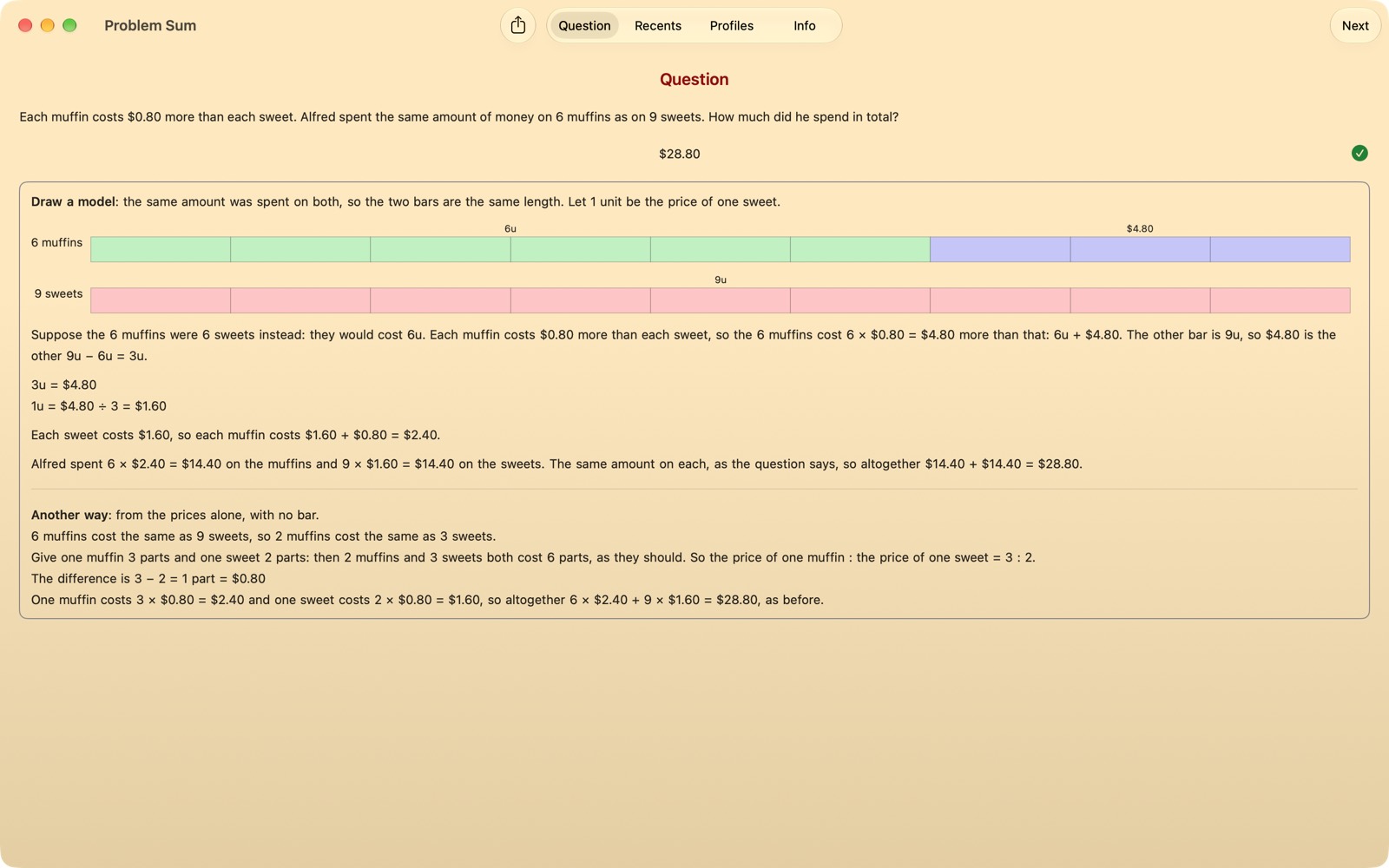 ProblemSum on a Mac: the muffins and sweets problem, its solution opening with Draw a model, then its bar model, its working and another way to solve it.